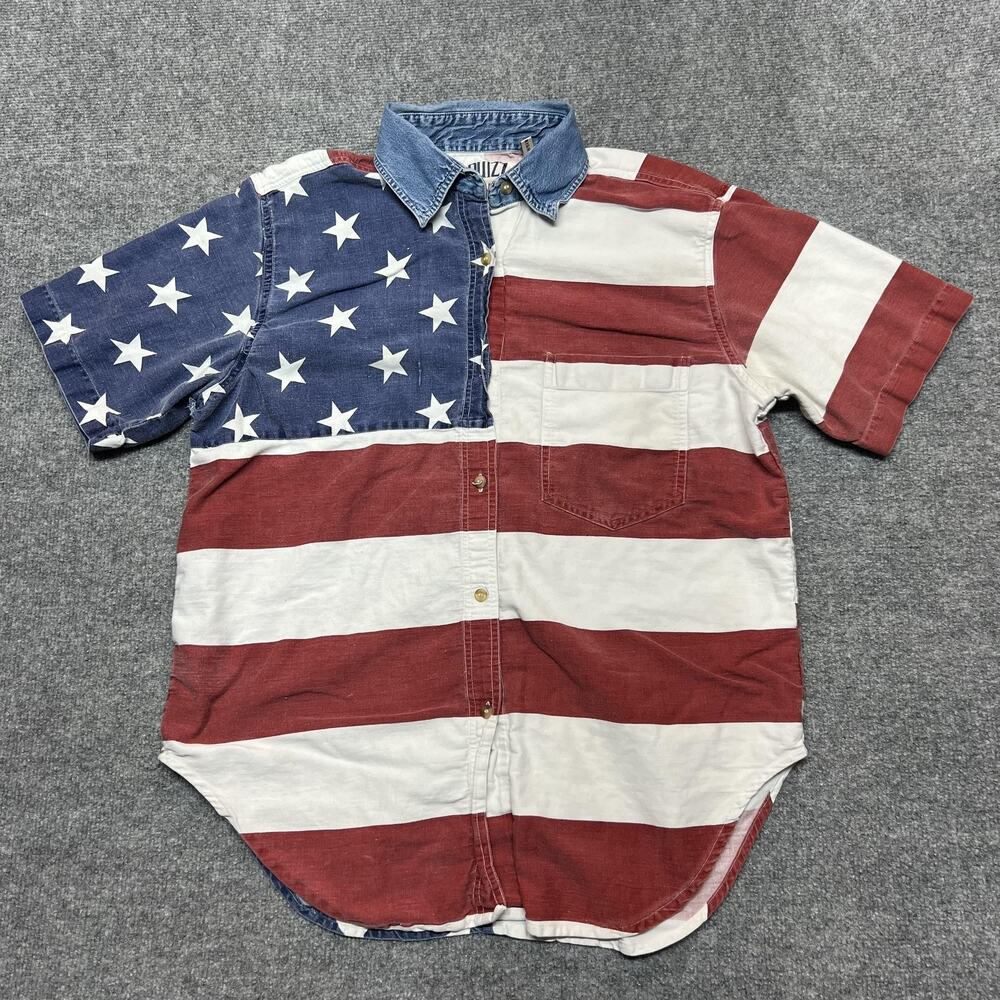Quizz Again American Flag Button Up Shirt Vintage Patriotic USA Men’s Medium